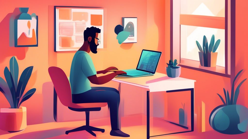 An illustrated step-by-step guide showing a person downloading and installing MT4 on a laptop in a cozy home office setting.