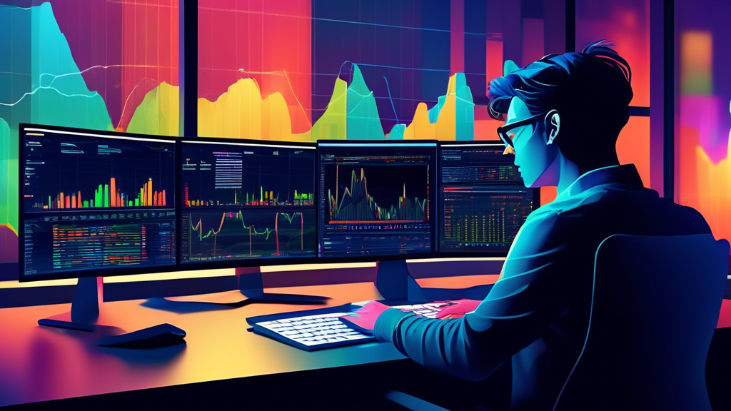 A digital illustration of a person sitting at a modern desk in an office, using a Windows laptop with the MetaTrader 4 application open on the screen, surrounded by multiple financial charts and graph