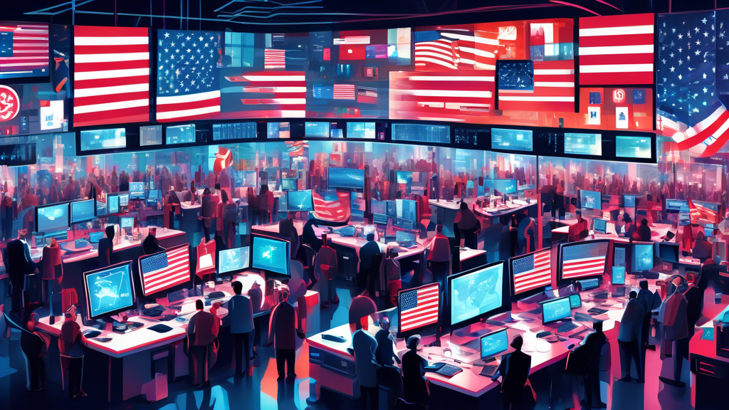 Digital artwork of a high-tech, futuristic trading floor bustling with traders using various advanced forex trading platforms, prominently featuring symbols and flags of the USA.