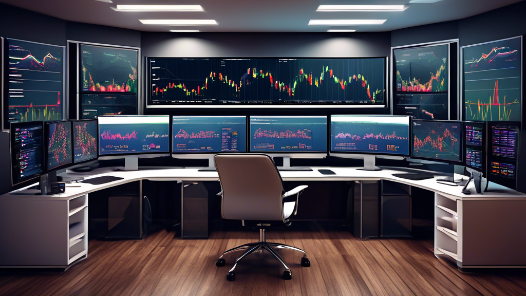 An advanced digital workspace displaying multiple screens with sophisticated forex trading software, showcasing real-time buy and sell signals, dynamic charts, and financial data analysis, set in a mo