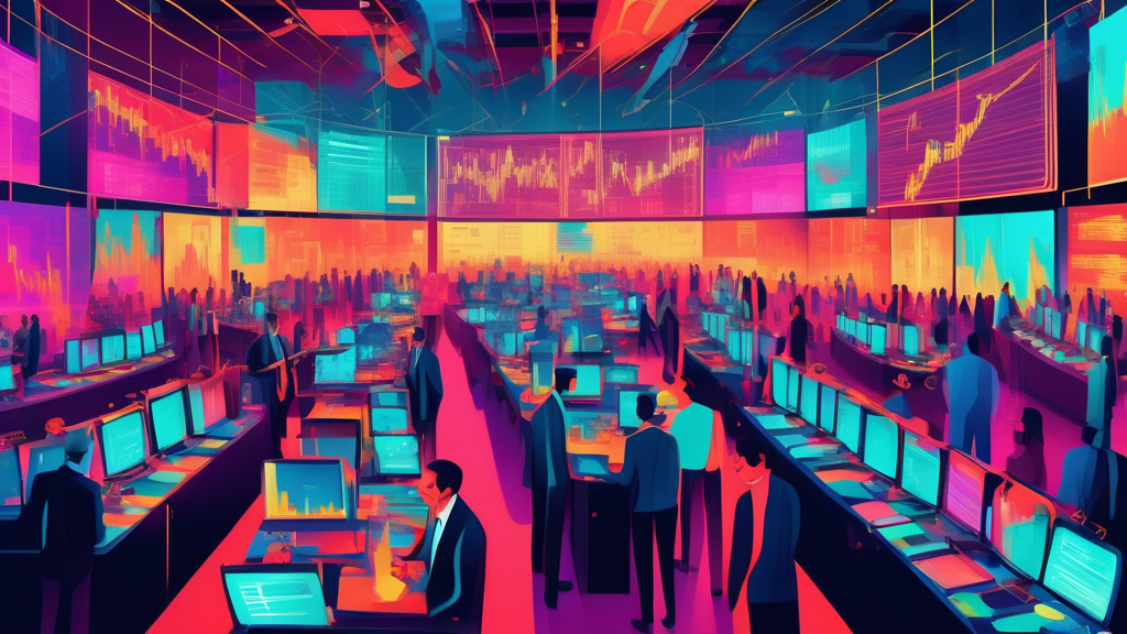 An artistic depiction of a busy stock exchange floor with various traders observing multiple screens full of dynamic scalping signals, in a vibrant, semi-abstract style.