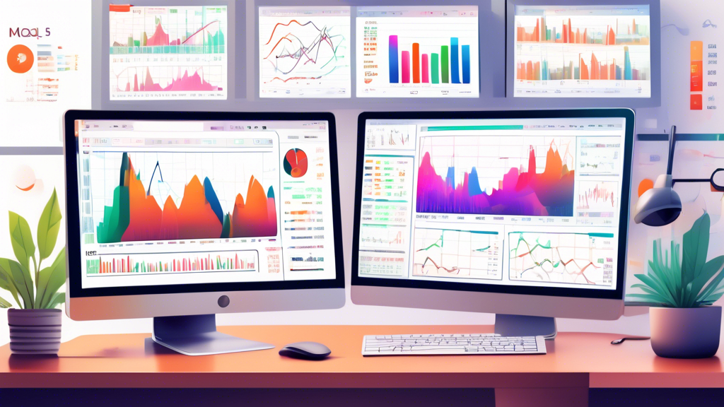 An illustrated guidebook open on a desk, showing detailed colorful charts and graphs about MQL5 trading signals, with icons of various financial instruments like stocks and forex surrounding it, set i