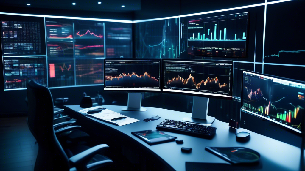 An ultra-modern digital workspace showing multiple computer screens displaying graphs, charts, and data analysis for Forex trading. The room is softly lit, with a high-tech, sleek design, and there's