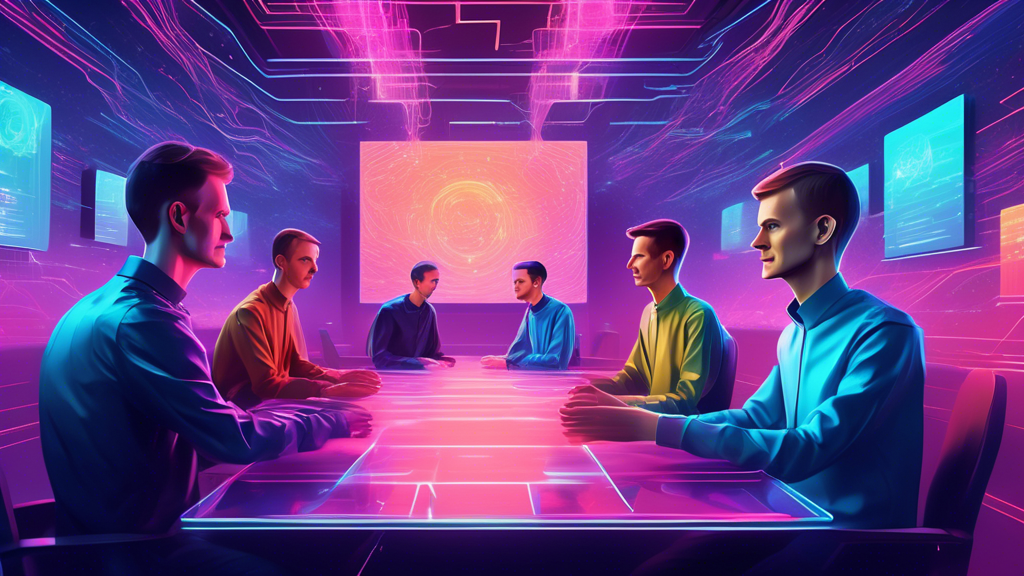 An illustrated digital conference room where animated figures, representing Layer 2 and Execution Sharding, engage in a friendly debate, with Vitalik Buterin as the moderator, in a futuristic virtual
