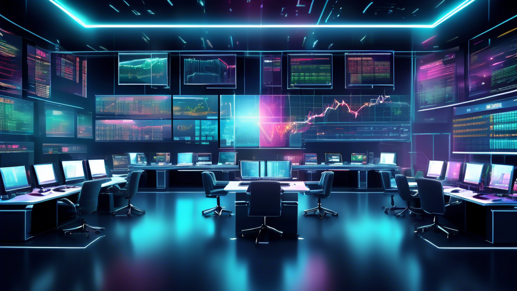 A digital artwork of a sleek, modern trading room featuring multiple high-tech monitors displaying Forex trading software with clear buy and sell signals; include traders analyzing data and discussing