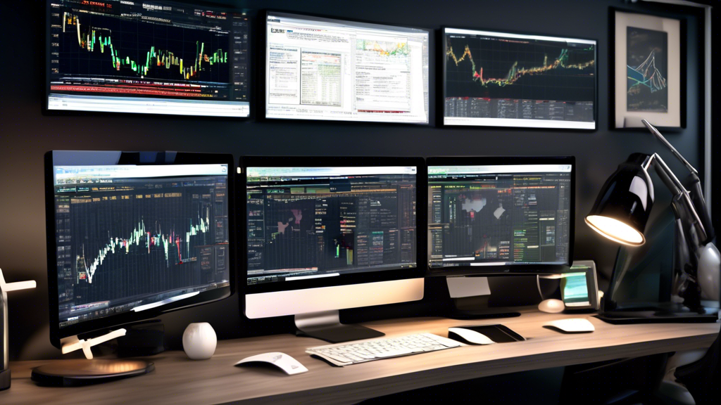 Create a detailed image showing a sophisticated modern workspace setup for a forex trader. Include multiple monitors displaying complex forex charts, graphs, and currency exchange rates. In the backgr