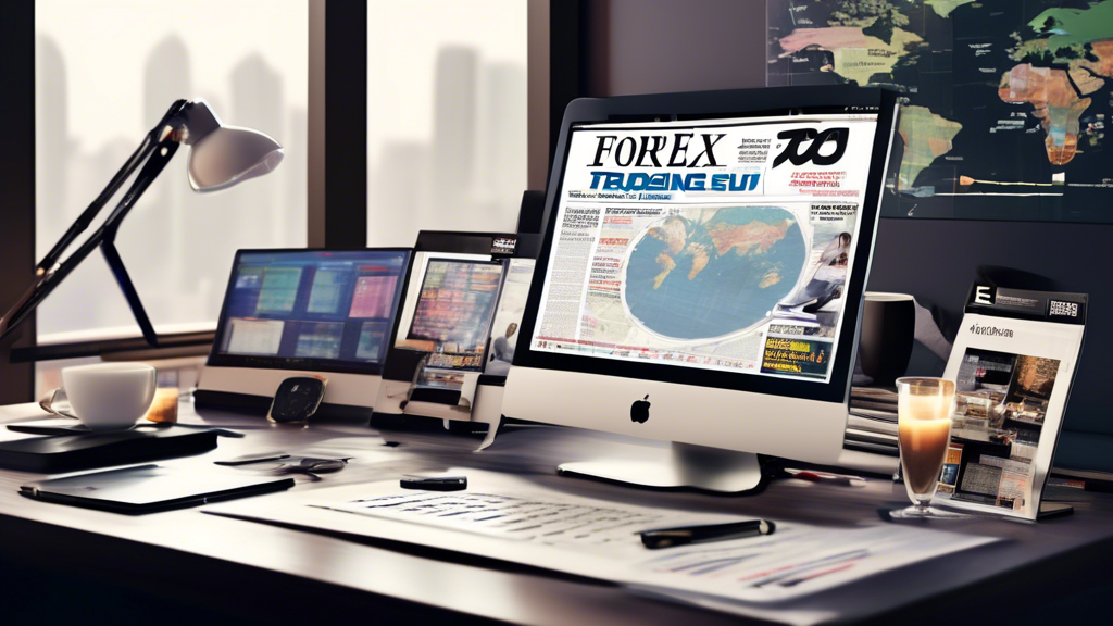 Create an image of a modern, stylish desk setup featuring several top Forex trading magazines spread across it. The scene should include a laptop displaying trading charts, a sleek cup of coffee, a st