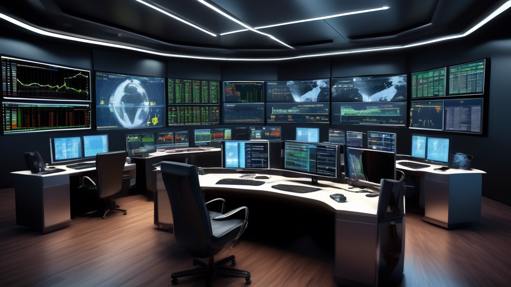 Create an image of a sophisticated, high-tech trading room featuring multiple large monitors displaying advanced forex trading platforms, real-time currency exchange charts, and complex analytic tools