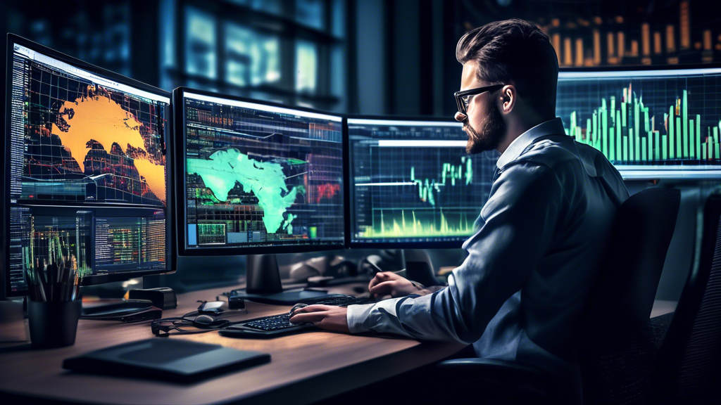 Create a detailed illustration of a Forex trader at their desk surrounded by multiple computer screens showing Forex trading charts and historical data. The screens should display backtesting results