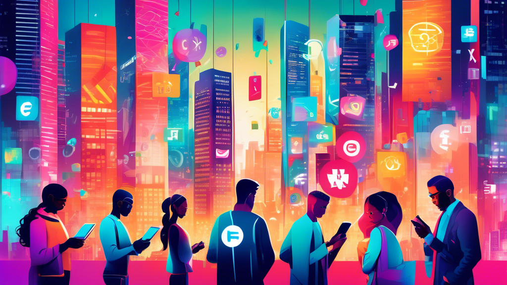 An artistic illustration of a diverse group of people using smartphones and tablets displaying various Forex trading apps, with digital graphs and currency symbols floating around them, set in a moder