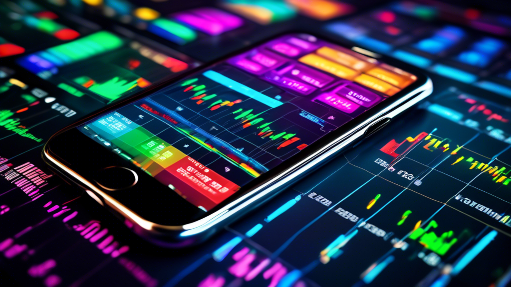 An image of a sleek, hi-tech smartphone displaying a colorful array of sophisticated Forex trading indicators, set against the backdrop of a bustling, modern trading floor with screens showing real-ti
