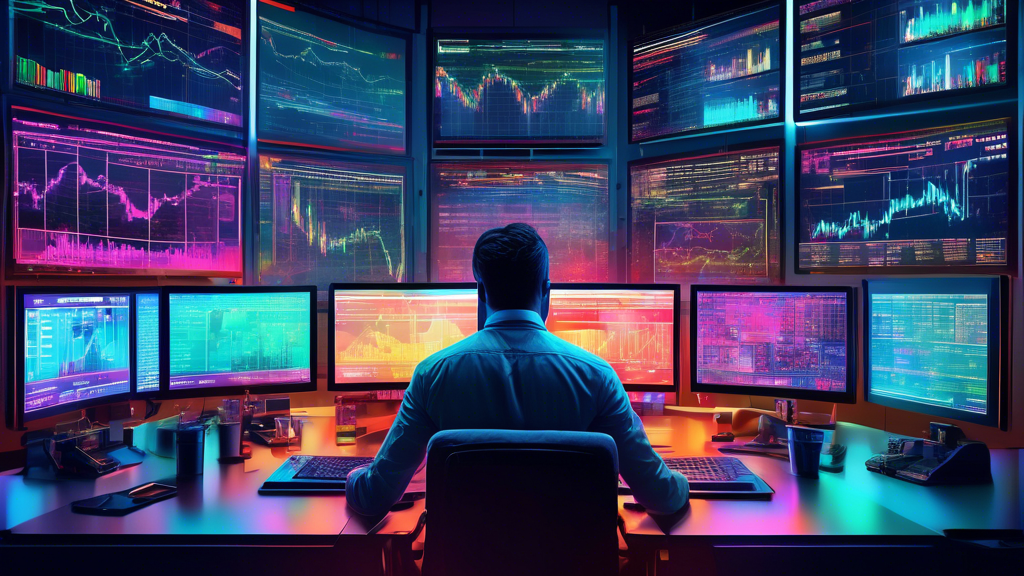 An intricate digital artwork depicting a trader in a futuristic, high-tech office, surrounded by multiple screens displaying various forex trading signals and graphs, each screen glowing with differen