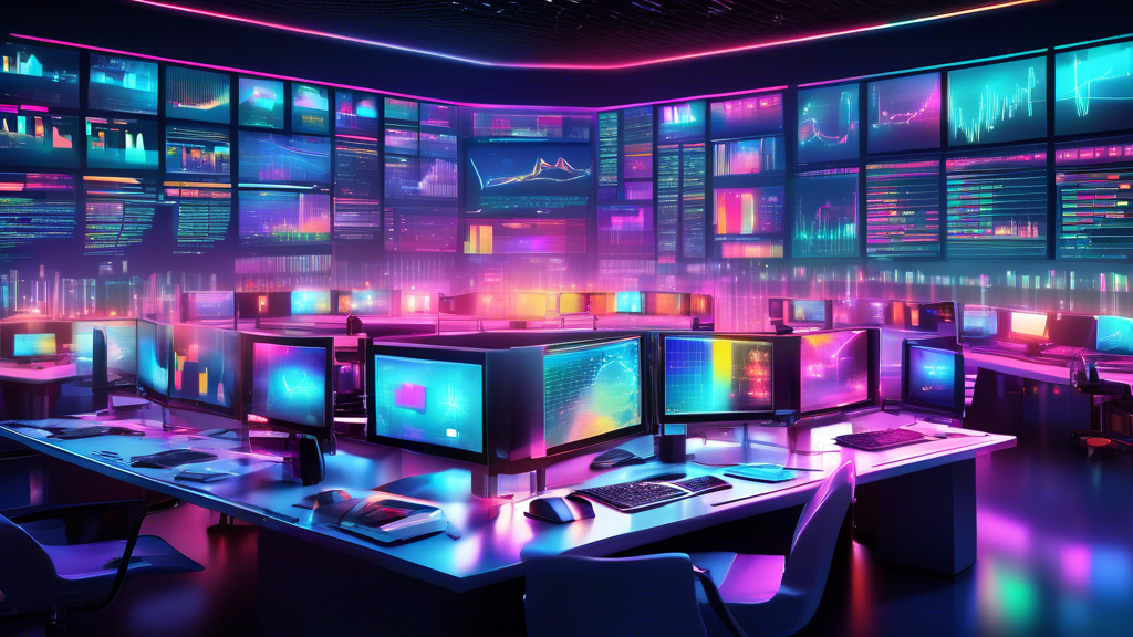 Digital artwork of a modern trading desk with multiple computer screens displaying colorful forex trading charts and graphs, featuring small holographic projections of top free forex signal providers