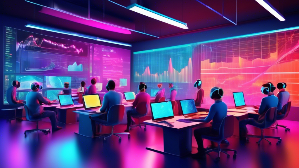 A vibrant digital classroom environment filled with diverse students using laptops and virtual reality headsets to interact with dynamic and interactive forex trading graphs and experienced instructor