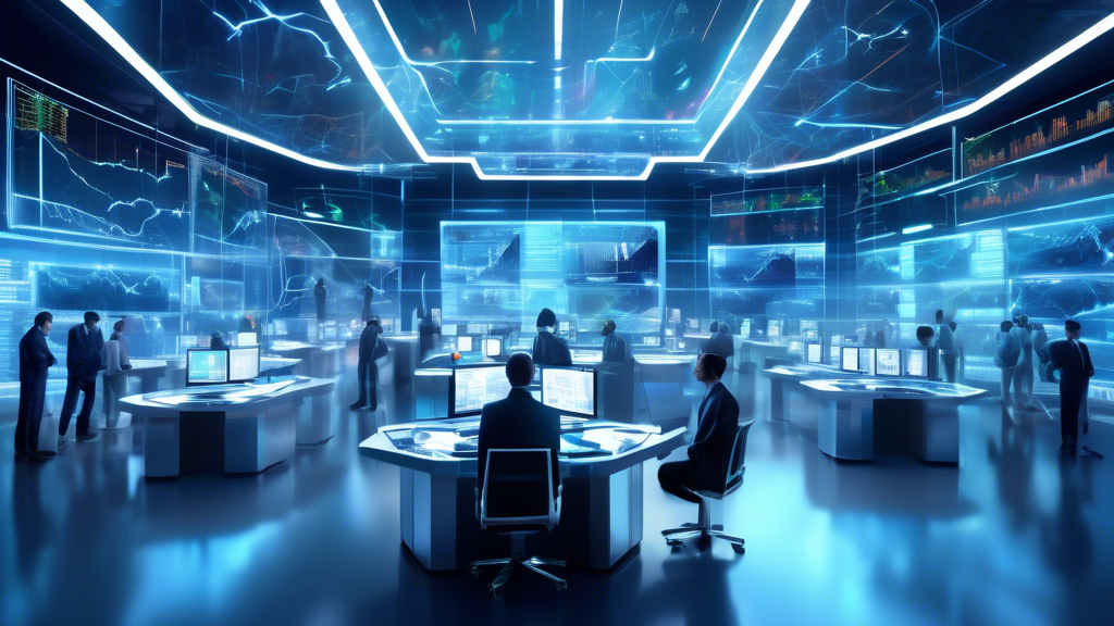 An artistic representation of a modern digital trading room featuring screens displaying silver trading platforms. The environment is futuristic, filled with holographic displays and digital charts gl