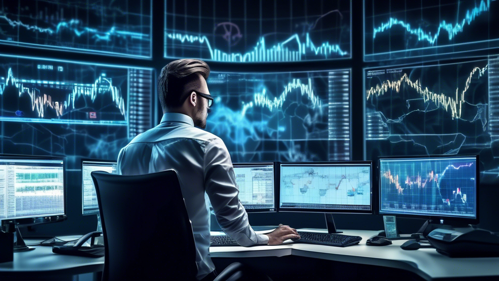 Digital artwork of a forex trader analyzing dynamic EUR/USD charts on multiple computer screens in a modern office setting, with visible graphs and currency symbols, incorporating futuristic elements and a global map in the background.