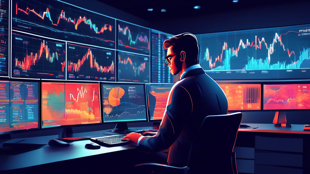 A digital illustration of a trader analyzing FXTM signals on multiple computer screens in a modern office, with detailed graphs, forex charts, and financial data displayed, and a calming, focused atmo