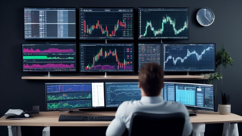 An animated digital workspace showing a professional forex trader evaluating complex charts on multiple computer screens with the 1000pip Builder software interface prominently displayed.