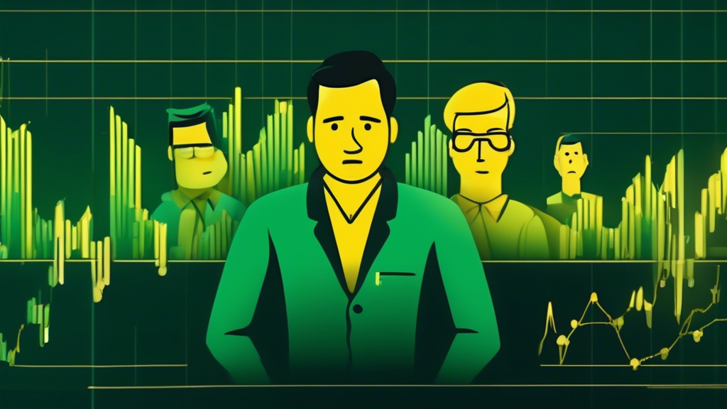 Create an image of four distinct, stylized scenes within one frame, each representing a different stage of loss in trading. The first scene shows a trader looking confident and hopeful with a green up