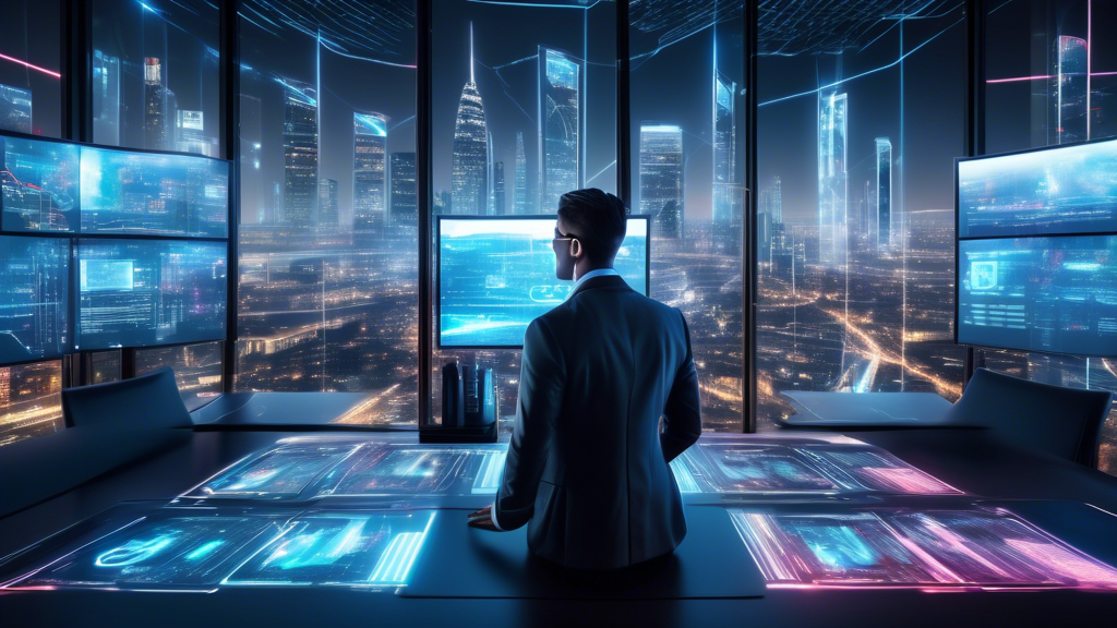 A dynamic digital artwork depicting a futuristic trader surrounded by multiple holographic screens displaying various forex trading signals and trends, set in a high-tech, modern office with views of a bustling city skyline at night.