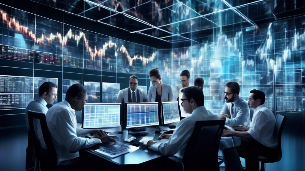 An artistic digital collage showcasing a diverse group of professional traders from around the world, each analyzing complex forex charts and graphs on futuristic transparent screens, in a sleek, modern trading floor setting.