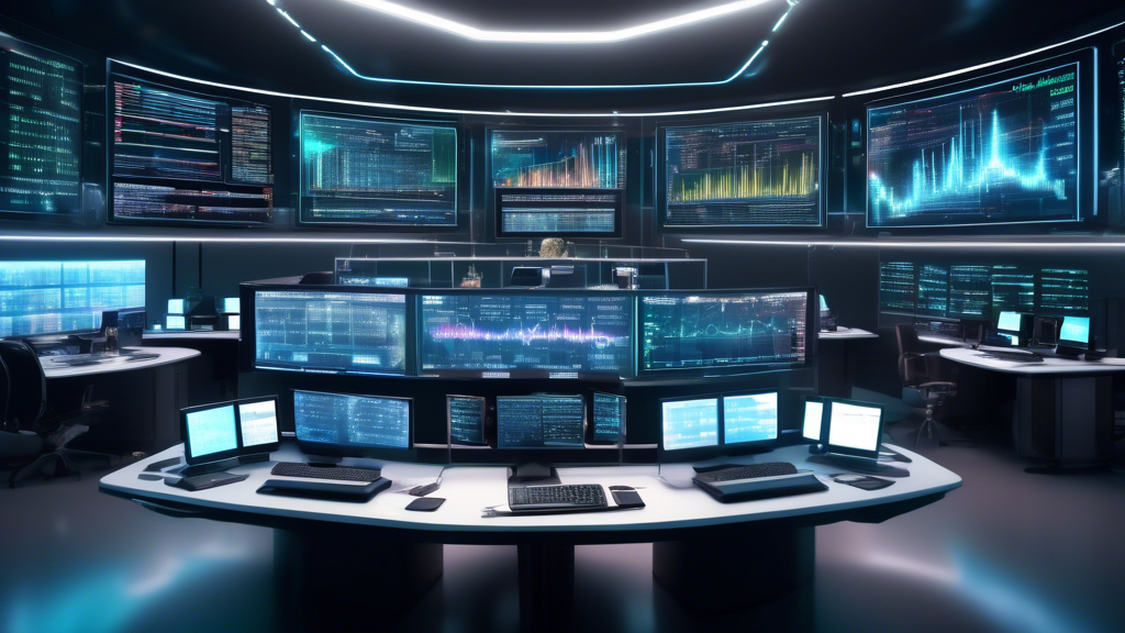 An intricate digital artwork of a futuristic trading desk with multiple holographic screens displaying dynamic forex markets and signal analysis software, set in a sleek, high-tech office environment.