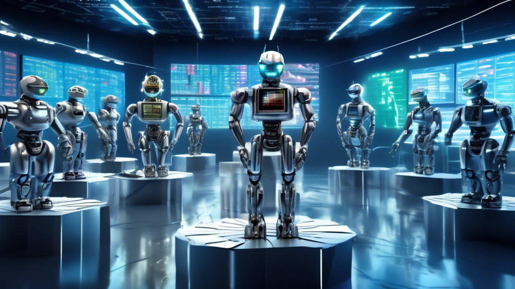 An artistic representation of the top 10 forex signal providers as various futuristic robots, each displaying different digital charts and currency symbols, working within a high-tech trading floor environment.