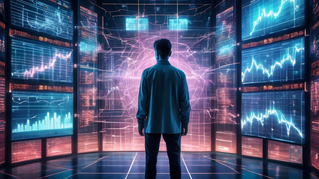 An intricate digital artwork of a person surrounded by multiple glowing screens displaying various stock charts and graphs, with holographic signals and technical indicators hovering around them, situated in a futuristic, high-tech trading floor environment.