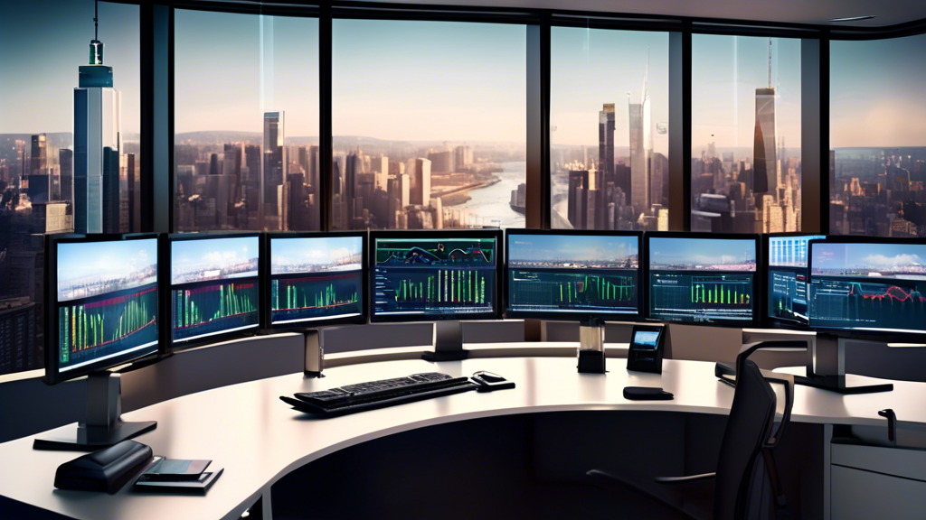 Digital artwork of a sophisticated trading desk with multiple computer screens displaying forex trading software, graphs, and currency exchange rates, set in a modern office with a panoramic view of the financial district skyline.