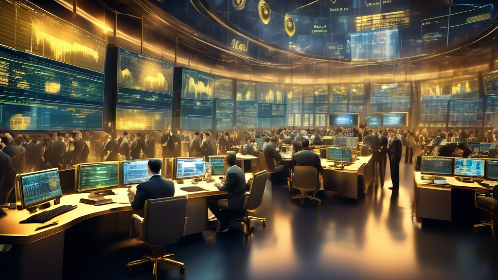Digital artwork of a futuristic Wall Street trading floor where traders are analyzing live XAUUSD (gold to USD) trading signals on multiple high-tech, holographic displays in a dynamic, busy setting.