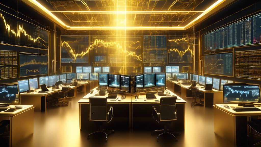 An intricate digital artwork displaying a futuristic trading floor with multiple screens showing rising and falling stock charts, central monitors highlighting free gold signal forex strategies, traders of diverse backgrounds intensively analyzing data, and golden accents symbolizing wealth and success.