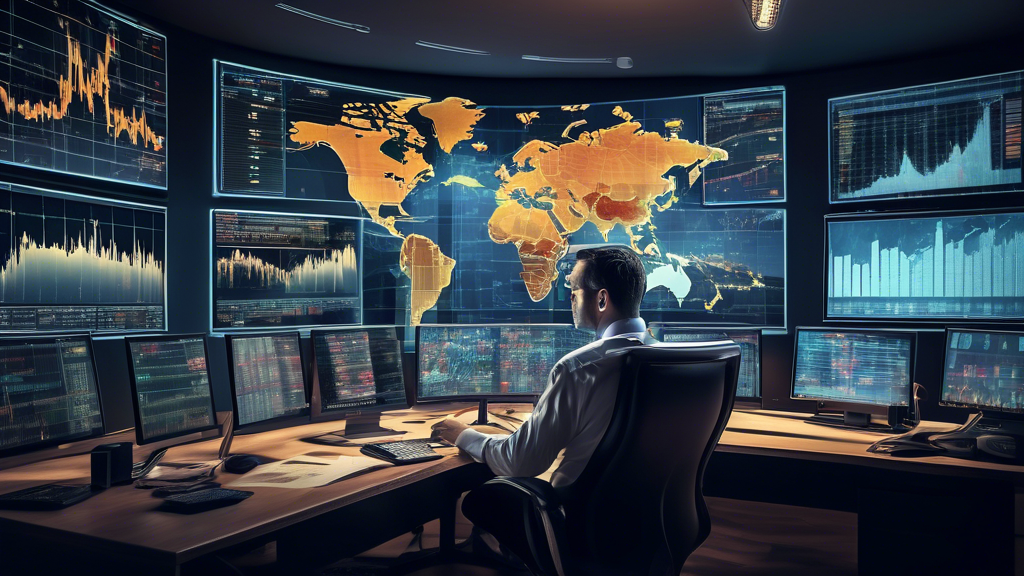 Digital artwork depicting a trader analyzing Exness forex trading signals on multiple computer screens, each displaying complex charts and graphs, in a modern office environment with financial books and a world map on the wall.