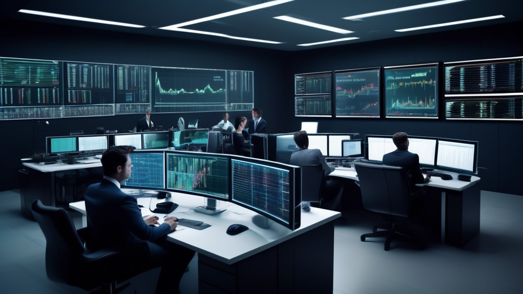 An image of a sophisticated, high-tech trading room filled with multiple screens displaying dynamic stock market charts and data, with a diverse group of focused traders analyzing real-time trading signals, located in a sleek, modern office environment.