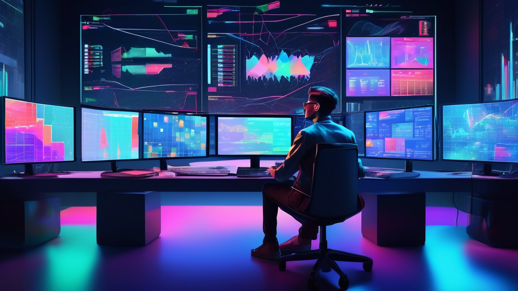 Digital artwork of a person sitting at a computer with multiple screens displaying colorful charts and graphs, analyzing Discord Forex signals, set in a futuristic office space.